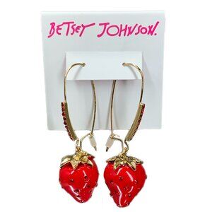 NEW! Betsey Johnson Red Crystal Strawberry Dangle Drop Earrings Gold Tone